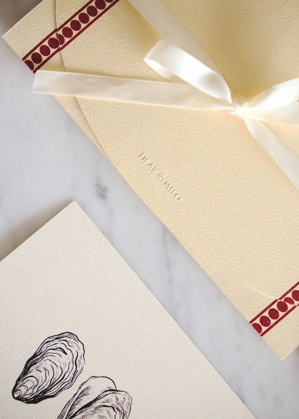 Dear Romeo close up product image. Ribbon and Japanese textured paper. Personalised Greeting card Australia. 
